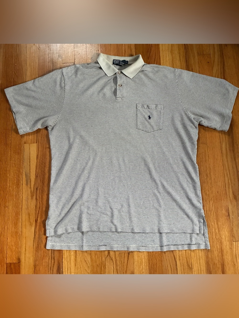 VTG Polo Ralph Lauren Beige Black Striped Short Sleeve Polo Shirt Men’s XL